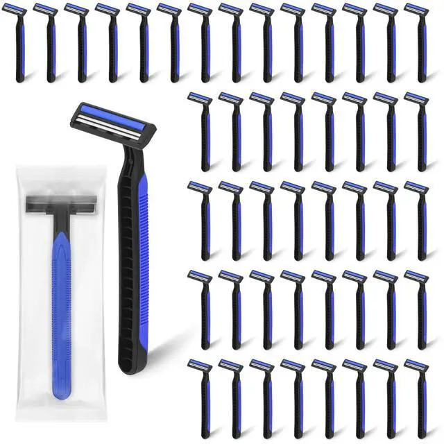 Main image of Disposable Twin Blade Razors in Bulk, Individually Wrapped - Clear Safety Cap, For Homeless, Hotel, Airbnb, Travel (pack of 50,blue)