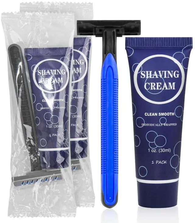 Main image of Shaving Razor Set, Disposable Individually Wrapped Manual Twin Blade Razors in Bulk Smooth Shaving Razors with Mini Shaving Cream Toiletries for Hotel Charity Camping Travel Homeless 1oz (Pack of 10)