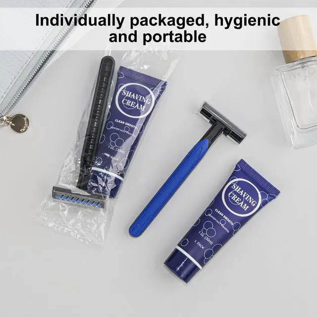Alt view image 3 of 7 - Shaving Razor Set, Disposable Individually Wrapped Manual Twin Blade Razors in Bulk Smooth Shaving Razors with Mini Shaving Cream Toiletries for Hotel Charity Camping Travel Homeless 1oz (Pack of 10)