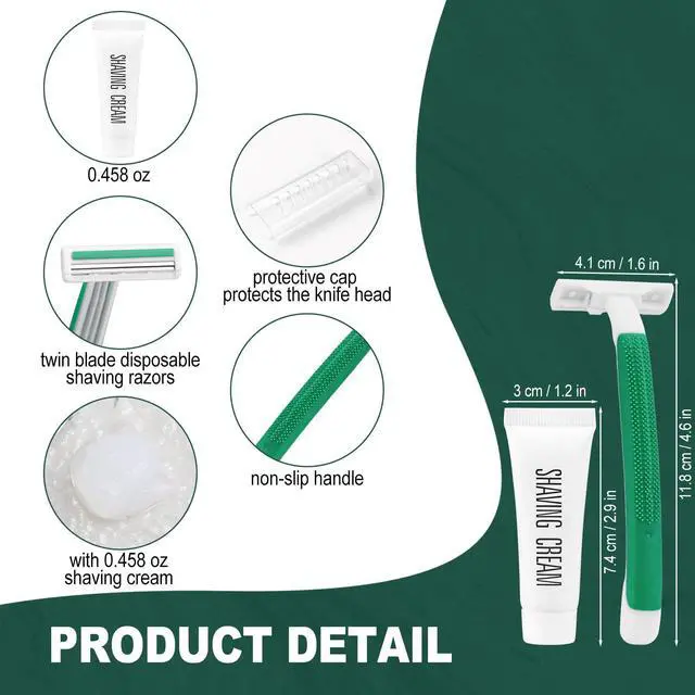 Alt view image 2 of 6 - Disposable Razors in Bulk ,Green Razors Individually Wrapped Bulk,Twin Blade Razors with Clear Safety Cap and Shaving Cream, Razors For Homeless, Hotel,Air Bnb,Shelter/Homeless/Travel (30)