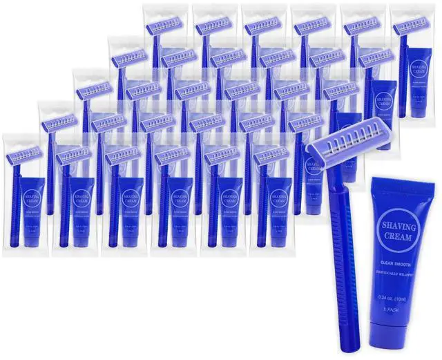 Main image of Disposable Razor Shaving Cream Set, Individually Wrapped Manual Twin Blade Shaving Razors in Bulk with Mini Smooth Shaving Cream Toiletries for Hotel Charity Camping Travel Homeless 0.34oz (30 Pack)