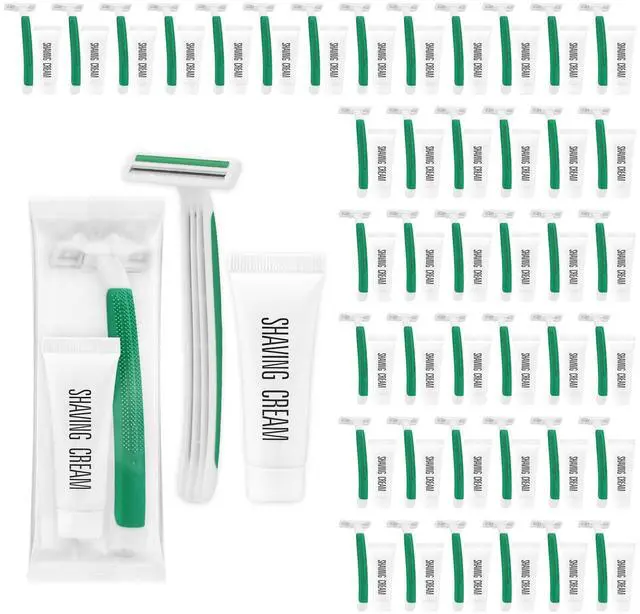 Main image of Disposable Razors in Bulk ,Green Razors Individually Wrapped Bulk,Twin Blade Razors with Clear Safety Cap and Shaving Cream, Razors For Homeless, Hotel,Air Bnb,Shelter/Homeless/Travel (30)