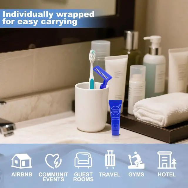 Alt view image 4 of 7 - Disposable Razor Shaving Cream Set, Individually Wrapped Manual Twin Blade Shaving Razors in Bulk with Mini Smooth Shaving Cream Toiletries for Hotel Charity Camping Travel Homeless 0.34oz (30 Pack)