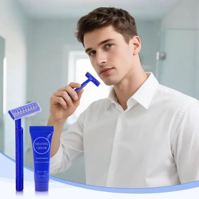Alt view image 5 of 7 - Disposable Razor Shaving Cream Set, Individually Wrapped Manual Twin Blade Shaving Razors in Bulk with Mini Smooth Shaving Cream Toiletries for Hotel Charity Camping Travel Homeless 0.34oz (30 Pack)