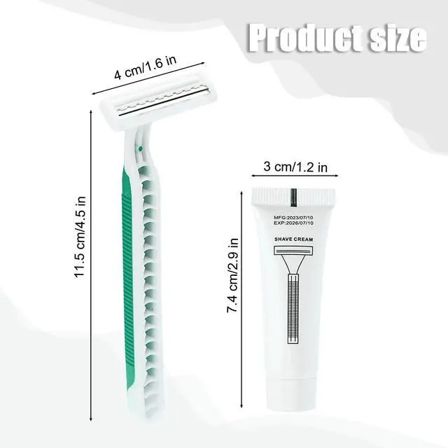 Alt view image 4 of 7 - Disposable Razors in Bulk Pack of 30,Green Disposable Shaving Razors Individual Wrapped Twin Blade Bulk Disposable Razors with Clear Cap and 10g Shaving Cream for Homeless,Hotel,Travel,Charity,Shelter