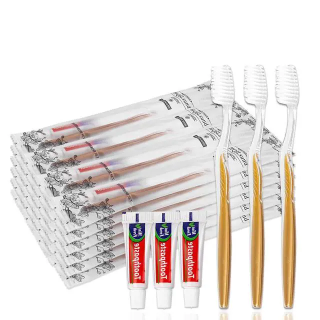 Alt view image 7 of 7 - 20 pcs Disposable Toothbrush with Toothpaste Bulk Individually Wrapped, Travel Toothbrush Kit, Hotel Toothbrushes Bulk for Airbnb,Shelter/Wedding/Nursing Home/Charity/Homeless, Gold