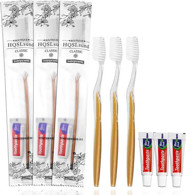 Main image of 20 pcs Disposable Toothbrush with Toothpaste Bulk Individually Wrapped, Travel Toothbrush Kit, Hotel Toothbrushes Bulk for Airbnb,Shelter/Wedding/Nursing Home/Charity/Homeless, Gold