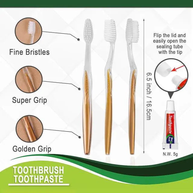 Alt view image 3 of 7 - 20 pcs Disposable Toothbrush with Toothpaste Bulk Individually Wrapped, Travel Toothbrush Kit, Hotel Toothbrushes Bulk for Airbnb,Shelter/Wedding/Nursing Home/Charity/Homeless, Gold