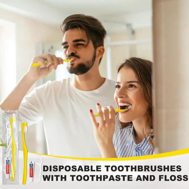 Alt view image 2 of 7 - 30pcs Disposable Toothbrushes with Toothpaste and Floss,Yellow Bulk Single Use Toothbrush Floss Pick Individually Wrapped Disposable Travel Toothbrushes Kit for Homeless,Airbnb,Hotel,Guest