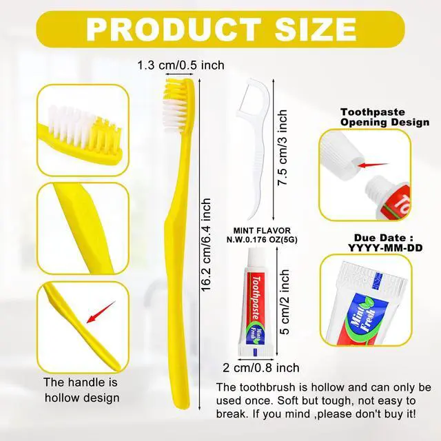 Alt view image 4 of 7 - 30pcs Disposable Toothbrushes with Toothpaste and Floss,Yellow Bulk Single Use Toothbrush Floss Pick Individually Wrapped Disposable Travel Toothbrushes Kit for Homeless,Airbnb,Hotel,Guest
