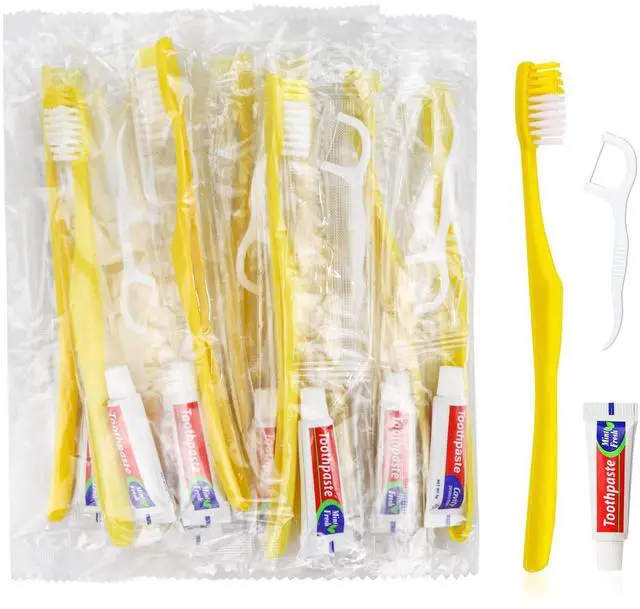 Main image of 30pcs Disposable Toothbrushes with Toothpaste and Floss,Yellow Bulk Single Use Toothbrush Floss Pick Individually Wrapped Disposable Travel Toothbrushes Kit for Homeless,Airbnb,Hotel,Guest