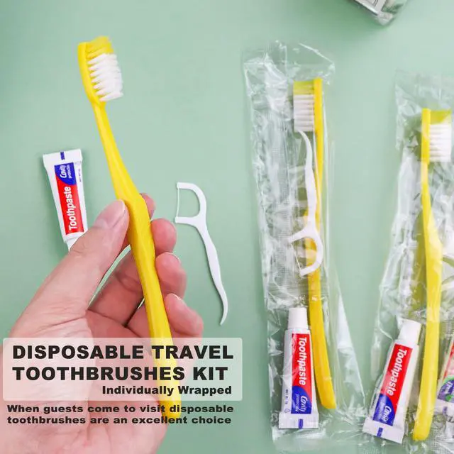 Alt view image 7 of 7 - 30pcs Disposable Toothbrushes with Toothpaste and Floss,Yellow Bulk Single Use Toothbrush Floss Pick Individually Wrapped Disposable Travel Toothbrushes Kit for Homeless,Airbnb,Hotel,Guest