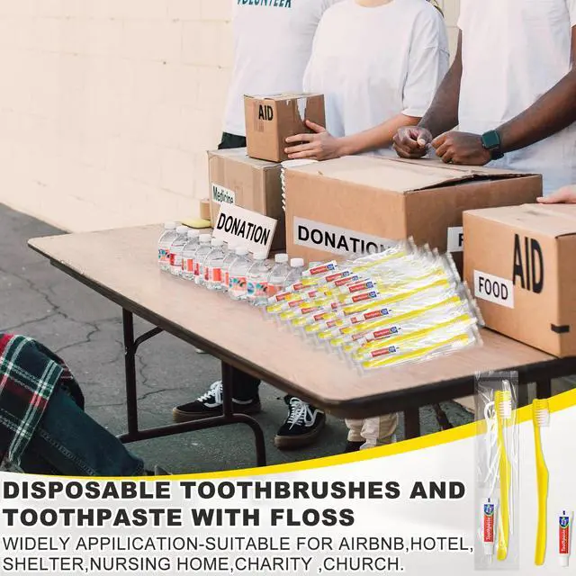 Alt view image 3 of 7 - 30pcs Disposable Toothbrushes with Toothpaste and Floss,Yellow Bulk Single Use Toothbrush Floss Pick Individually Wrapped Disposable Travel Toothbrushes Kit for Homeless,Airbnb,Hotel,Guest