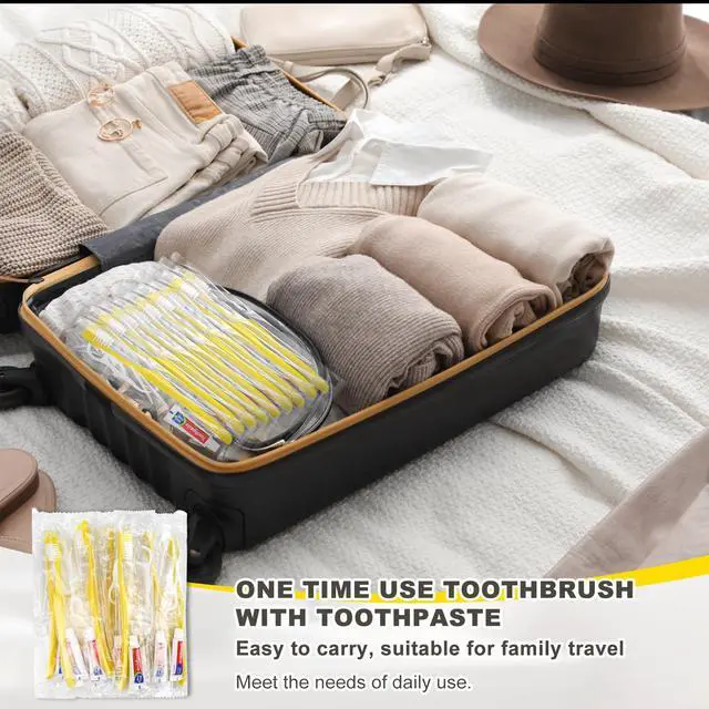 Alt view image 5 of 7 - 30pcs Disposable Toothbrushes with Toothpaste and Floss,Yellow Bulk Single Use Toothbrush Floss Pick Individually Wrapped Disposable Travel Toothbrushes Kit for Homeless,Airbnb,Hotel,Guest