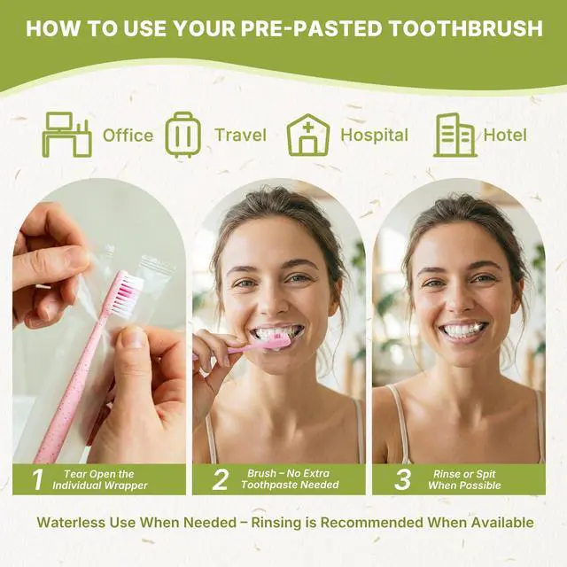 Alt view image 3 of 7 - 30-Pack Pre-Pasted Disposable Toothbrushes with Built-in Toothpaste, Individually Wrapped, Waterless Single-Use Travel Toothbrushes, Soft Bristles, for Adults, Hotel, Guests, Office