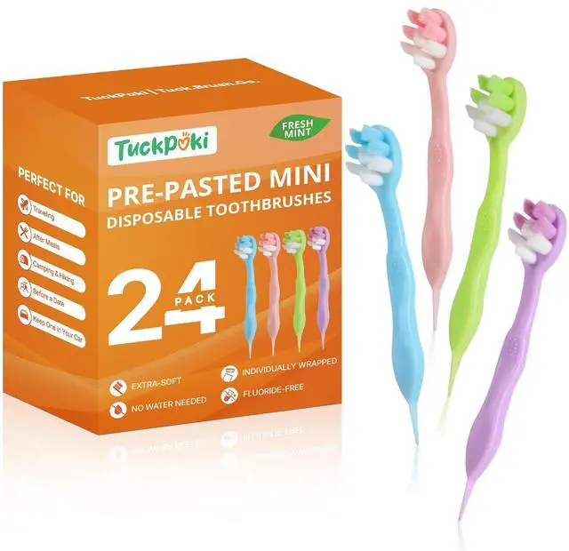 Main image of 24-Pack Pre-Pasted Mini Travel Toothbrushes, Individually Wrapped Value Pack, Disposable Toothbrushes with Toothpaste, Waterless Single-Use Extra Soft Bristle for Adults, On-The-Go & Braces