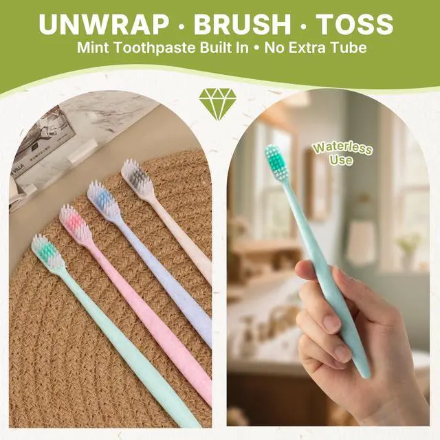 Alt view image 2 of 7 - 30-Pack Pre-Pasted Disposable Toothbrushes with Built-in Toothpaste, Individually Wrapped, Waterless Single-Use Travel Toothbrushes, Soft Bristles, for Adults, Hotel, Guests, Office