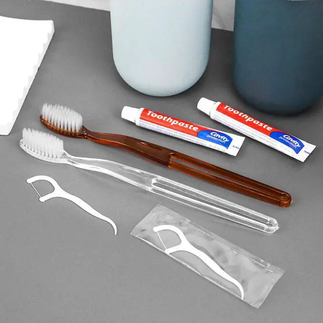 Alt view image 3 of 6 - 30pcs Disposable Toothbrushes with Toothpaste Floss Individually Wrapped, 2 Color Disposable Toothbrush Bulk, 10g Toothpaste, Dental Floss Pick for Homeless,Airbnb,Hotel,Guest