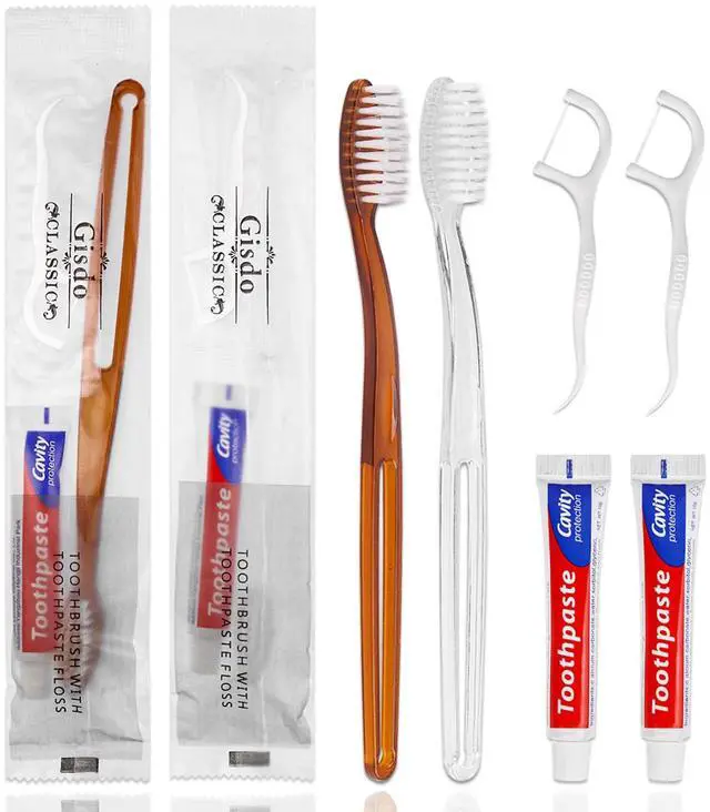 Main image of 30pcs Disposable Toothbrushes with Toothpaste Floss Individually Wrapped, 2 Color Disposable Toothbrush Bulk, 10g Toothpaste, Dental Floss Pick for Homeless,Airbnb,Hotel,Guest