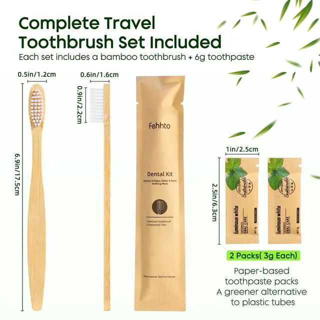 Alt view image 2 of 7 - 10 Pack Bamboo Toothbrushes Kit, Disposable Travel Toothbrushes with Toothpaste (6g), Individually Wrapped Guest Dental Kit for Hotel Amenities, Airbnb Hosts, Travel & Camping