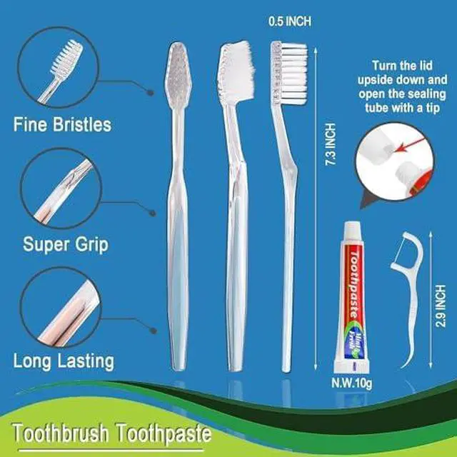Alt view image 6 of 7 - 30pcs Disposable Toothbrushes with Toothpaste Floss Individually Wrapped, 2 Color Disposable Toothbrush, 10g Toothpaste, Floss Pick, Bulk Toothbrush Kit for Homeless,Airbnb,Hotel