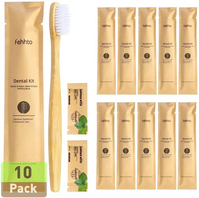 Main image of 10 Pack Bamboo Toothbrushes Kit, Disposable Travel Toothbrushes with Toothpaste (6g), Individually Wrapped Guest Dental Kit for Hotel Amenities, Airbnb Hosts, Travel & Camping