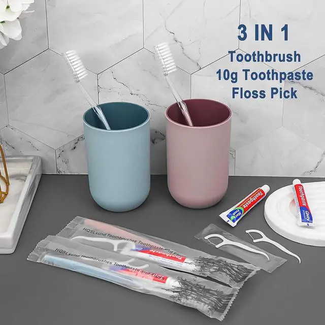 Alt view image 2 of 7 - 30pcs Disposable Toothbrushes with Toothpaste Floss Individually Wrapped, 2 Color Disposable Toothbrush, 10g Toothpaste, Floss Pick, Bulk Toothbrush Kit for Homeless,Airbnb,Hotel