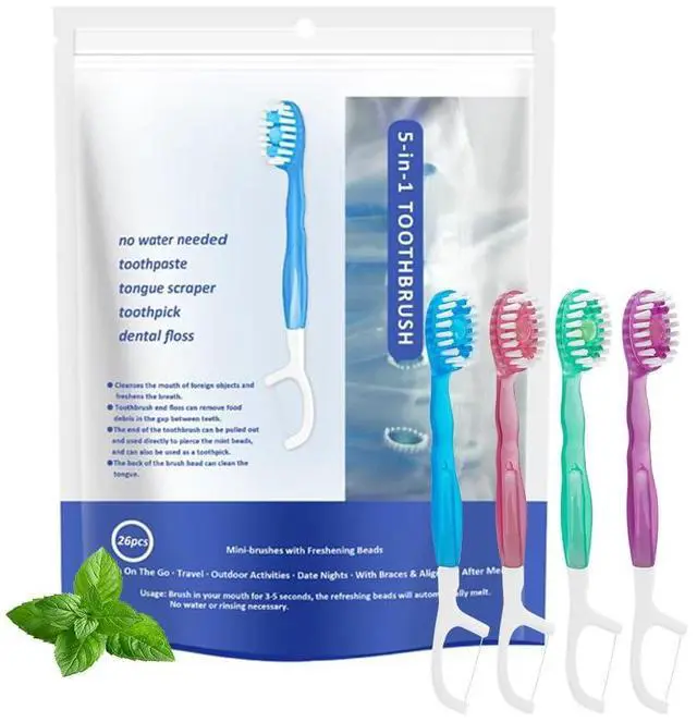 Main image of 5 in 1 Mini Brushes-Disposable Toothbrushes with Toothpaste + Floss + Pick + Tongue Scraper | Travel Size | Individually Wrapped | Soft | Mint | Travel Set (Mix, 26 pcs)