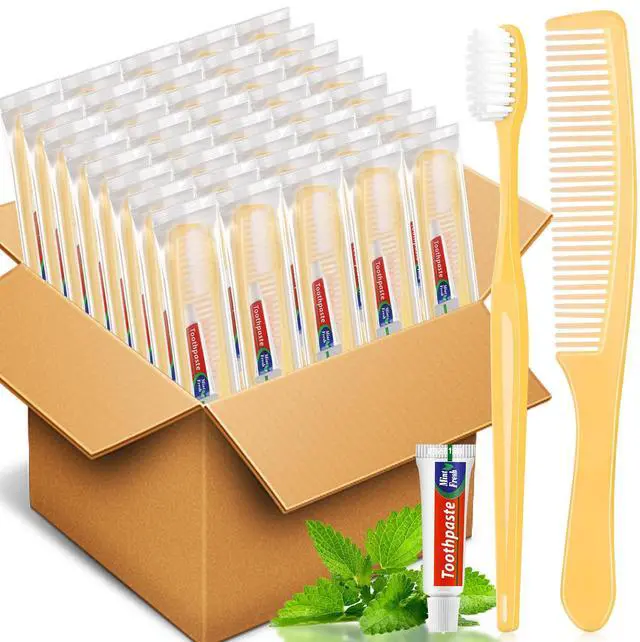 Main image of 30 Pack Disposable Toothbrushes Bulk with Toothpaste and Comb Travel Size Toothpaste Set Homeless Care Package Supplies for Bulk Individually Wrapped Disposable Travel Hotel Charity, Yellow
