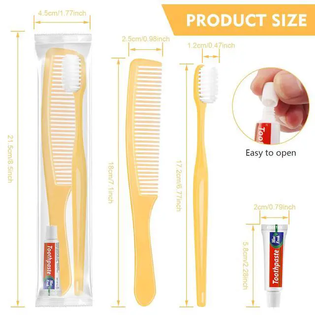 Alt view image 2 of 7 - 30 Pack Disposable Toothbrushes Bulk with Toothpaste and Comb Travel Size Toothpaste Set Homeless Care Package Supplies for Bulk Individually Wrapped Disposable Travel Hotel Charity, Yellow