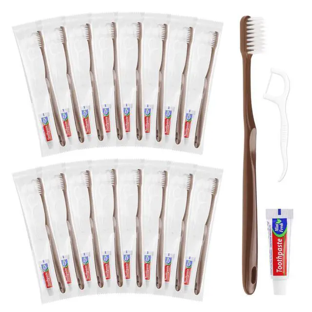 Main image of Disposable Toothbrushes with Toothpaste, Travel Toothbrush Kit, Individually Packaged, Brown, with Floss Picks, Suitable for Hotel, Home, Camping, Travel (20-Pack)