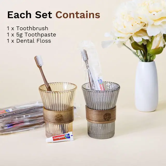 Alt view image 4 of 7 - Disposable Toothbrushes with Toothpaste, Travel Toothbrush Kit, Individually Packaged, Brown, with Floss Picks, Suitable for Hotel, Home, Camping, Travel (20-Pack)