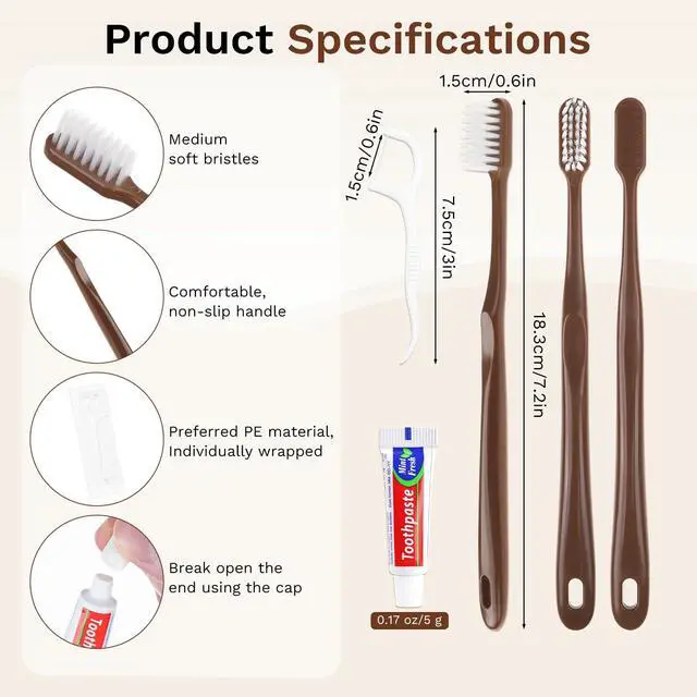 Alt view image 2 of 7 - Disposable Toothbrushes with Toothpaste, Travel Toothbrush Kit, Individually Packaged, Brown, with Floss Picks, Suitable for Hotel, Home, Camping, Travel (20-Pack)