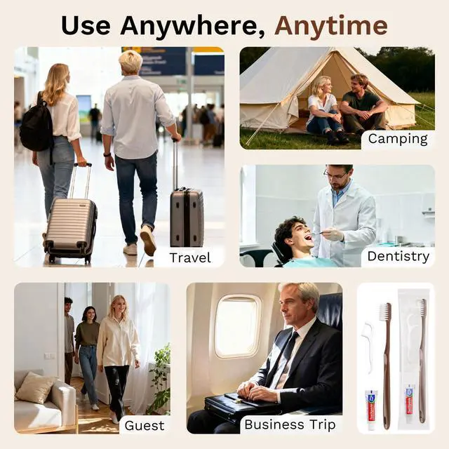 Alt view image 6 of 7 - Disposable Toothbrushes with Toothpaste, Travel Toothbrush Kit, Individually Packaged, Brown, with Floss Picks, Suitable for Hotel, Home, Camping, Travel (20-Pack)