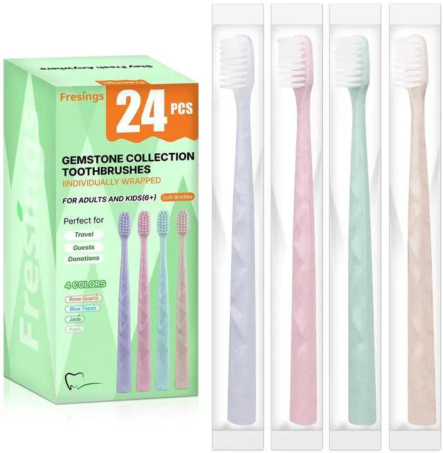 Main image of 24 Pack Premium Disposable Toothbrush with Tongue Scraper Individually Wrapped Bulk Travel Toothbrushes, Soft Bristles for Guests, Hotel, Vacation Rental, Home & On The Go,4 Colors