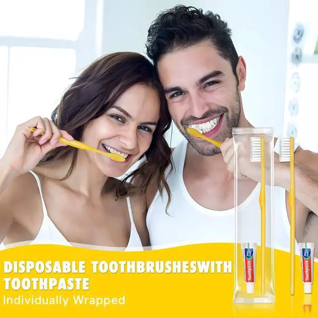 Alt view image 2 of 7 - Disposable Toothbrushes with Toothpaste Pack of 30, Yellow Hollow Travel Toothbrush Set with 5g Bulk Toothpaste Individually Wrapped for Homeless, Nursing Home, Shelter, Hotel