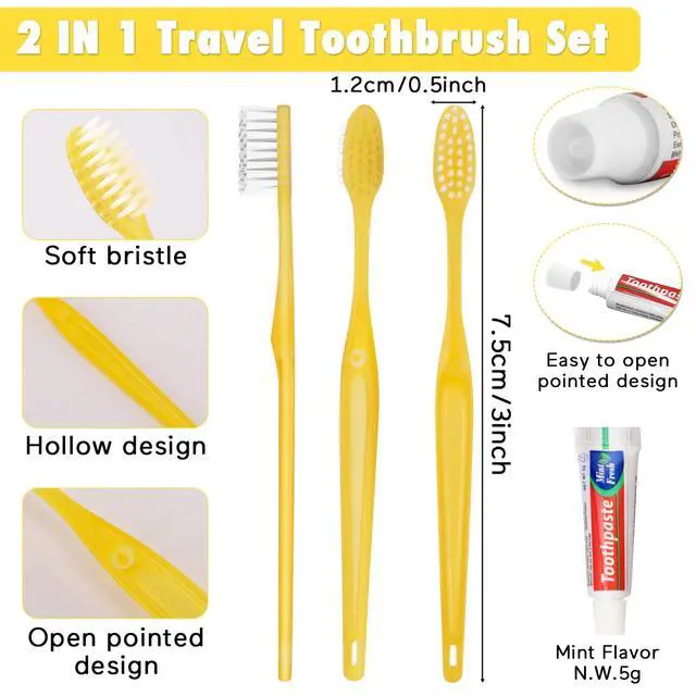 Alt view image 3 of 7 - Disposable Toothbrushes with Toothpaste Pack of 30, Yellow Hollow Travel Toothbrush Set with 5g Bulk Toothpaste Individually Wrapped for Homeless, Nursing Home, Shelter, Hotel