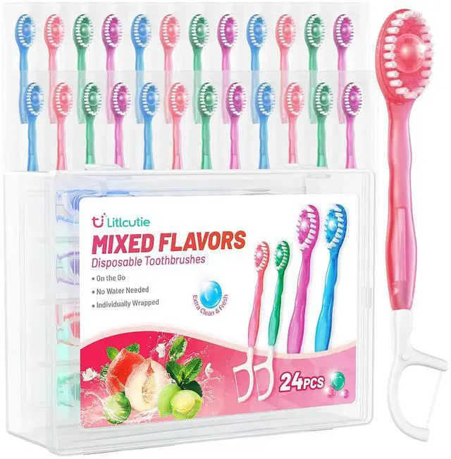 Main image of 24 Pack 5-in-1 Disposable Toothbrushes with Toothpaste, Floss, Pick & Tongue Scraper, Portable Mini Toothbrush Travel Set for Kids Adults, Individually Wrapped, Work Camping, Mixed Flavor