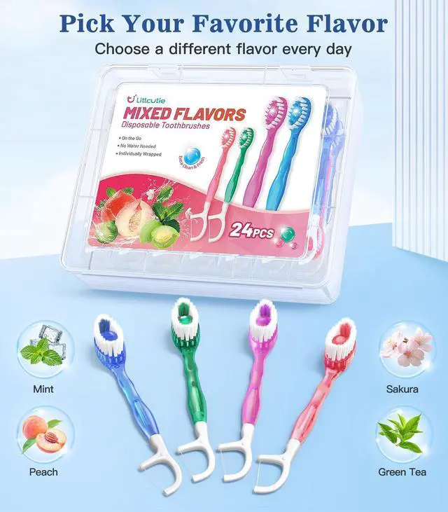 Alt view image 3 of 5 - 24 Pack 5-in-1 Disposable Toothbrushes with Toothpaste, Floss, Pick & Tongue Scraper, Portable Mini Toothbrush Travel Set for Kids Adults, Individually Wrapped, Work Camping, Mixed Flavor