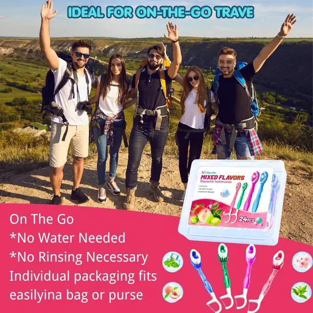 Alt view image 2 of 5 - 24 Pack 5-in-1 Disposable Toothbrushes with Toothpaste, Floss, Pick & Tongue Scraper, Portable Mini Toothbrush Travel Set for Kids Adults, Individually Wrapped, Work Camping, Mixed Flavor