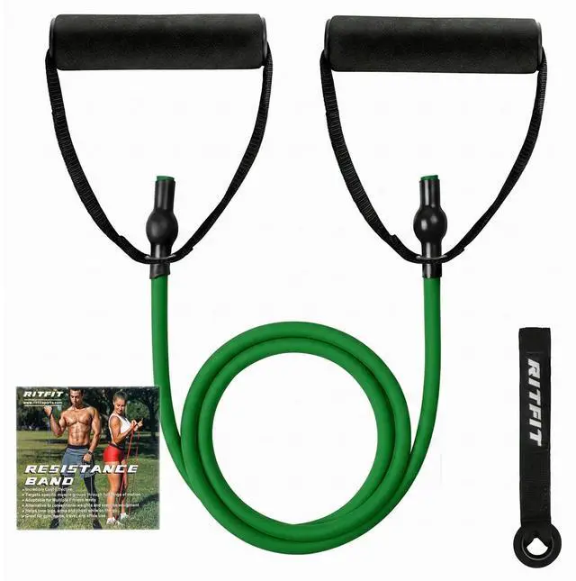 Main image of Single Resistance Exercise Band with Comfortable Handles - Ideal for Physical Therapy, Strength Training, Muscle Toning - Foam Padding Door Anchor and Starter Guide Included (Green(5-10lbs))