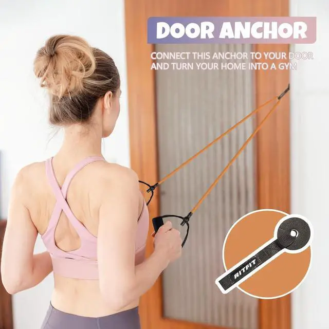 Alt view image 3 of 7 - Single Resistance Exercise Band with Comfortable Handles - Ideal for Physical Therapy, Strength Training, Muscle Toning - Foam Padding Door Anchor and Starter Guide Included (Green(5-10lbs))