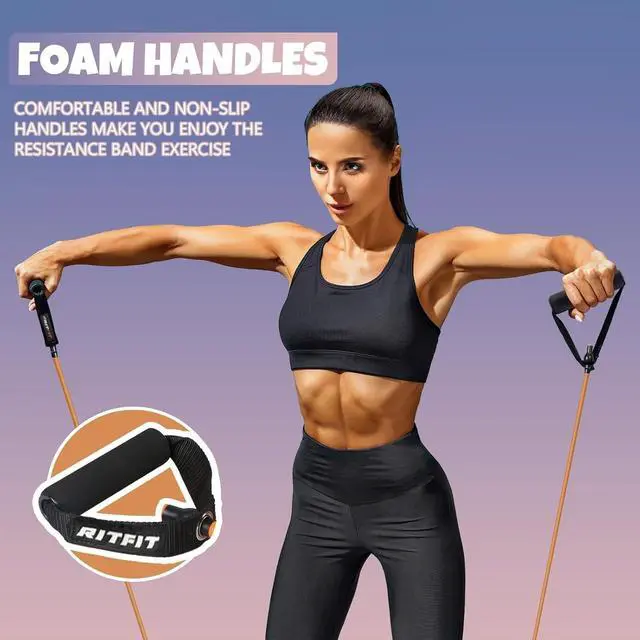 Alt view image 4 of 7 - Single Resistance Exercise Band with Comfortable Handles - Ideal for Physical Therapy, Strength Training, Muscle Toning - Foam Padding Door Anchor and Starter Guide Included (Green(5-10lbs))