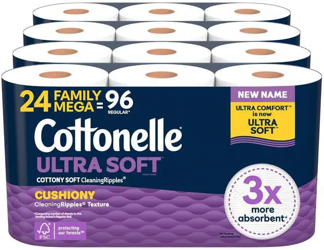 Main image of Ultra Soft Toilet Paper with Cushiony CleaningRipples Texture, Strong Bath Tissue, 24 Family Mega Rolls = 108 Regular Rolls (4 Packs of 6)