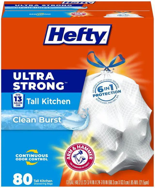 Main image of Ultra Strong 13 Gallon Trash Bags, Tall Kitchen Trash Bags 13 Gallon Size, Drawstring Closure, Continuous Odor Control, White, Clean Burst Scent, 80 Bags