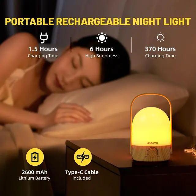 Alt view image 4 of 7 - Night Light - Dimmable Touch Lamp with 5 Brightness Colors, with Portable Handle, Type-C Rechargeable with Battery, for Bedroom/Side Table (Wood Bottom)