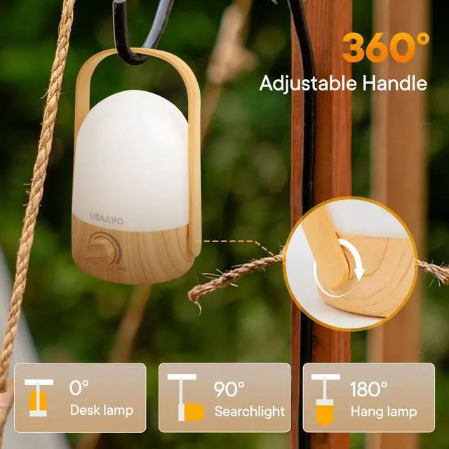 Alt view image 6 of 7 - Night Light - Dimmable Touch Lamp with 5 Brightness Colors, with Portable Handle, Type-C Rechargeable with Battery, for Bedroom/Side Table (Wood Bottom)