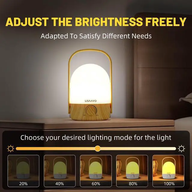 Alt view image 3 of 7 - Night Light - Dimmable Touch Lamp with 5 Brightness Colors, with Portable Handle, Type-C Rechargeable with Battery, for Bedroom/Side Table (Wood Bottom)