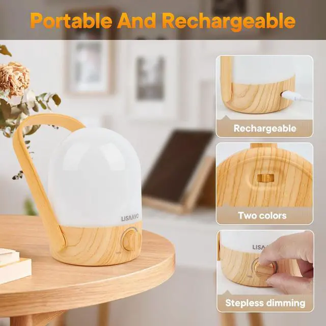 Alt view image 7 of 7 - Night Light - Dimmable Touch Lamp with 5 Brightness Colors, with Portable Handle, Type-C Rechargeable with Battery, for Bedroom/Side Table (Wood Bottom)