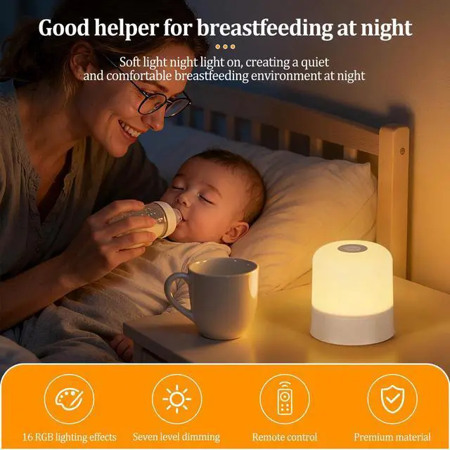 Alt view image 2 of 6 - Night Light Bedside Lamp with Touch and Remote Control, 13 RGB Colors Changing 5 Brightness Dimmable Table lamp, Rechargeable Portable Desk Lamp for Baby Kids Nursery Bedroom Outdoor Camping